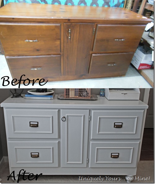 Before and after gray painted office credenza