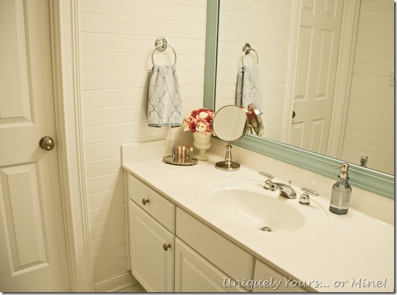 planked bathroom walls and mirror framed