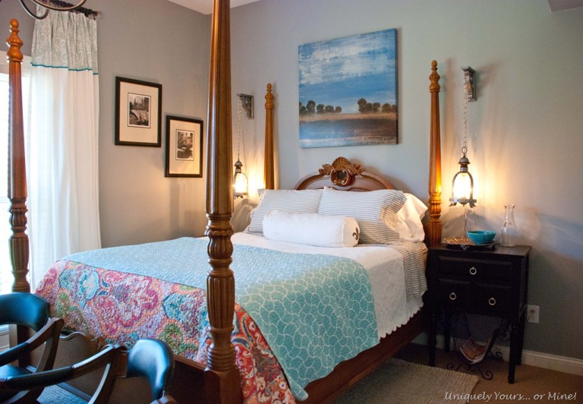 blue gray painted basement guest bedroom