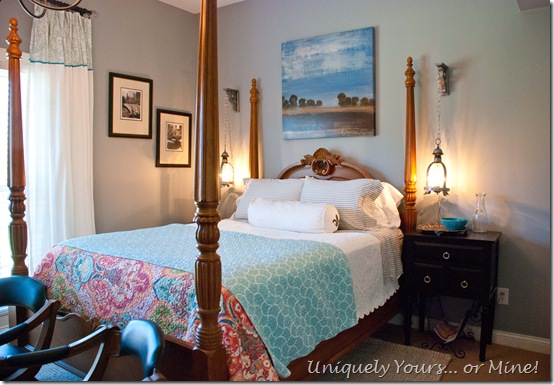 blue gray painted basement guest bedroom