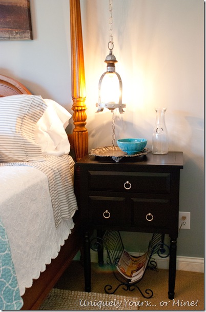 blue gray guest bedroom pendant lighting