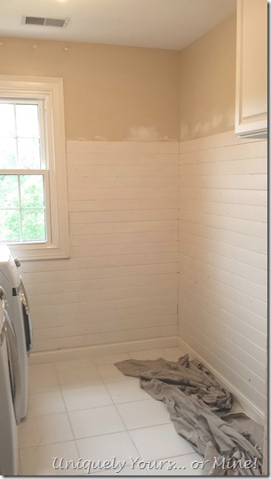 Adding v-groove wood planks to laundry room walls