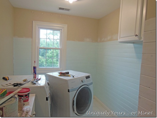 Benjamin Moore Barely Teal paint in laundry room