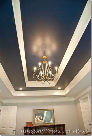 Navy Blue painted trey ceiling in the master bedroom