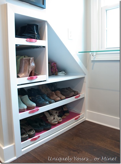 Dormer window space built in shoe shelves in knee wall