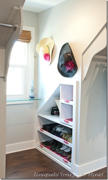 Dormer window space built in shoe shelves in knee wall