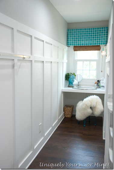 Custom built in makeup vanity in dormer window space