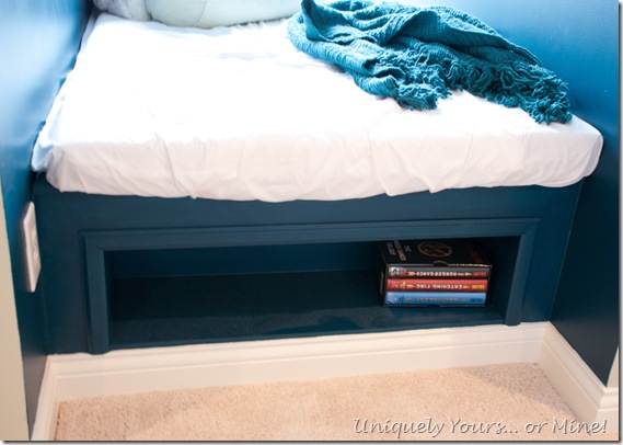 DIY built platform bed in dormer window area