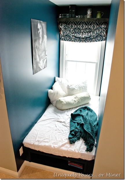 DIY built platform bed in dormer window area