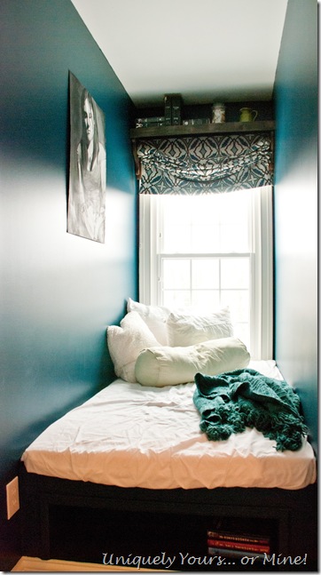 DIY built platform bed in dormer window area