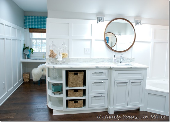 Grey vanity, white board and batten walls, master bathroom renovation