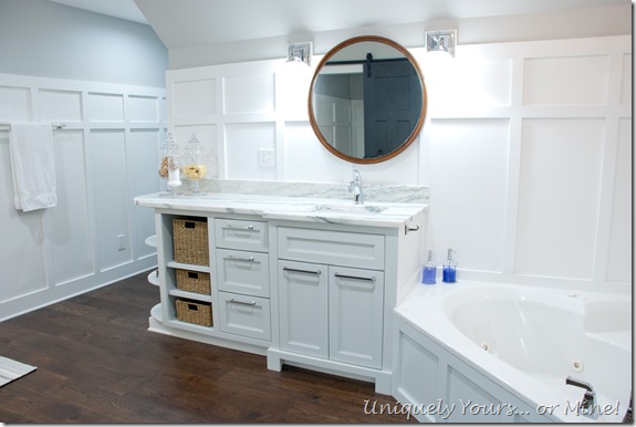 Grey vanity, white board and batten walls, master bathroom renovation