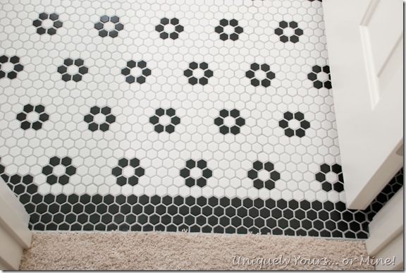 DIY black and white 1" hexagon mosaic floor with flowers