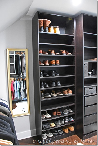 IKEA Pax shoe storage in renovated closet turned dressing room