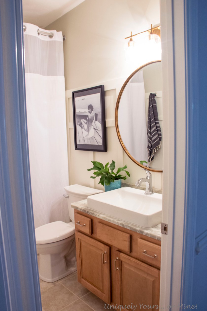Guest bathroom mini update, board and batten, brass and chrome fixtures