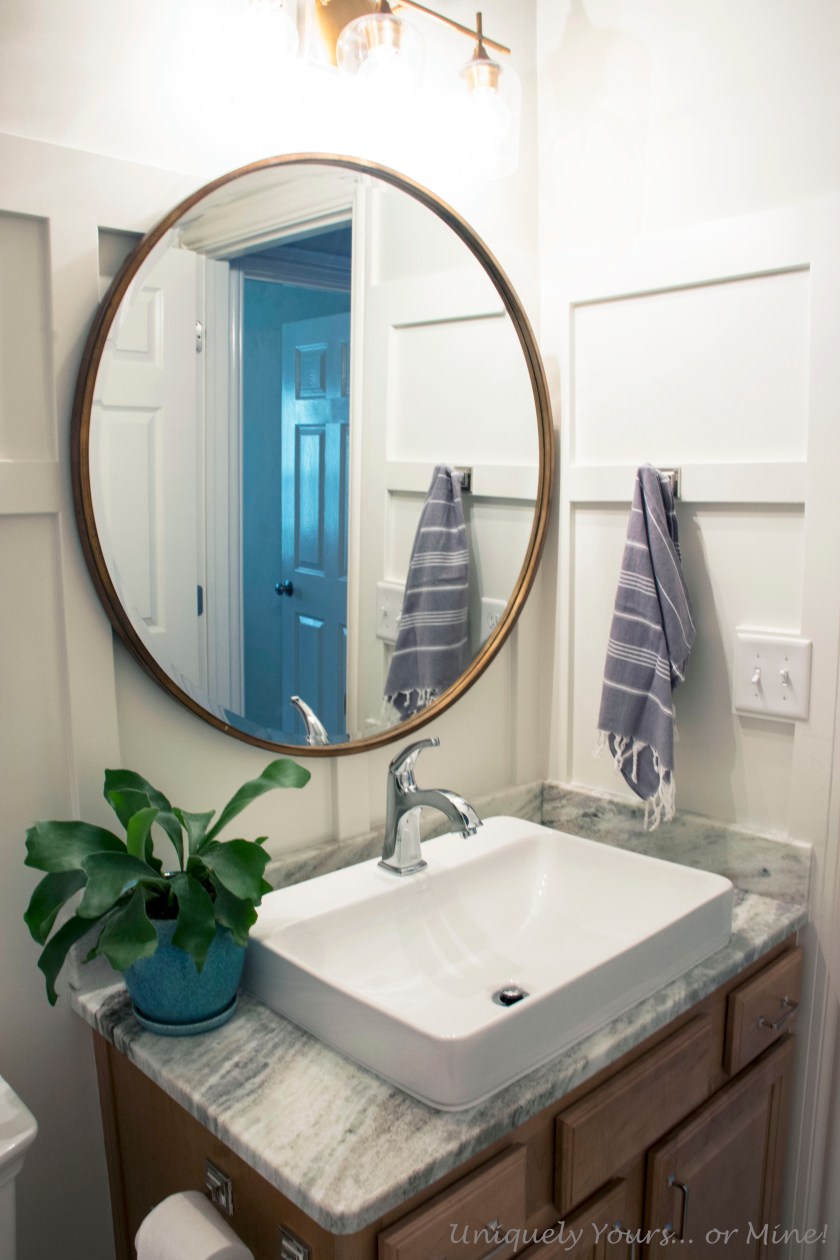 Guest bathroom mini update, board and batten, brass and chrome fixtures